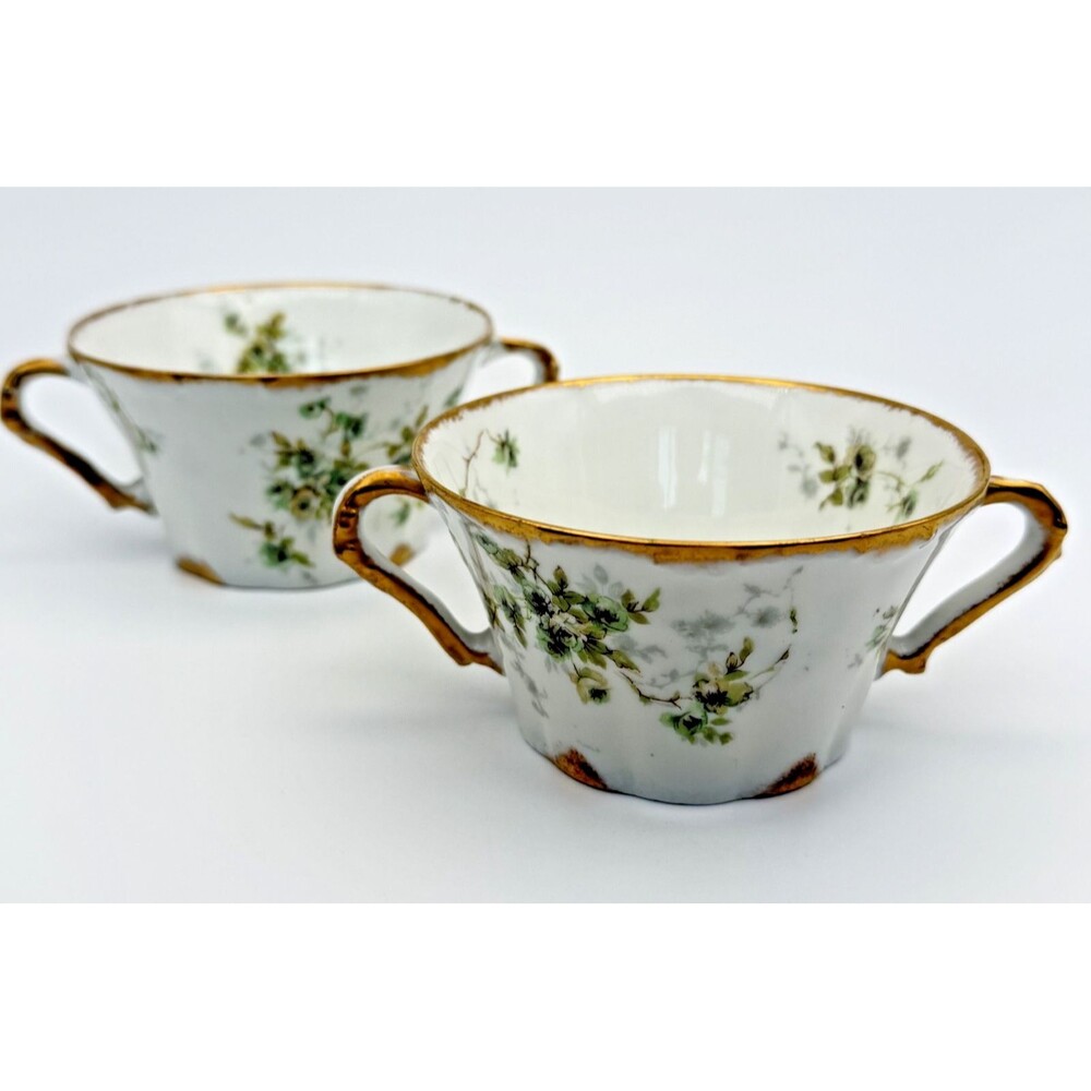 Theodore Haviland Limoges France Flat Bouillon Cup Set of 2 Bowls Green Roses